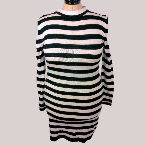 French Connection Black & White Striped Knit Aline Long Sleeve Midi Mock Dress - Picture 4 of 7